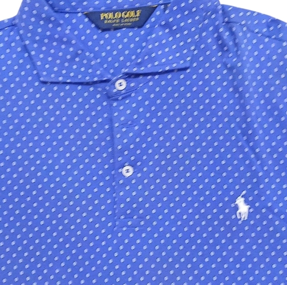 Polo Golf Ralph Lauren -NWOT Blue Polo Golf Shirt W/White Designs, Relaxed Style - Picture 8 of 12